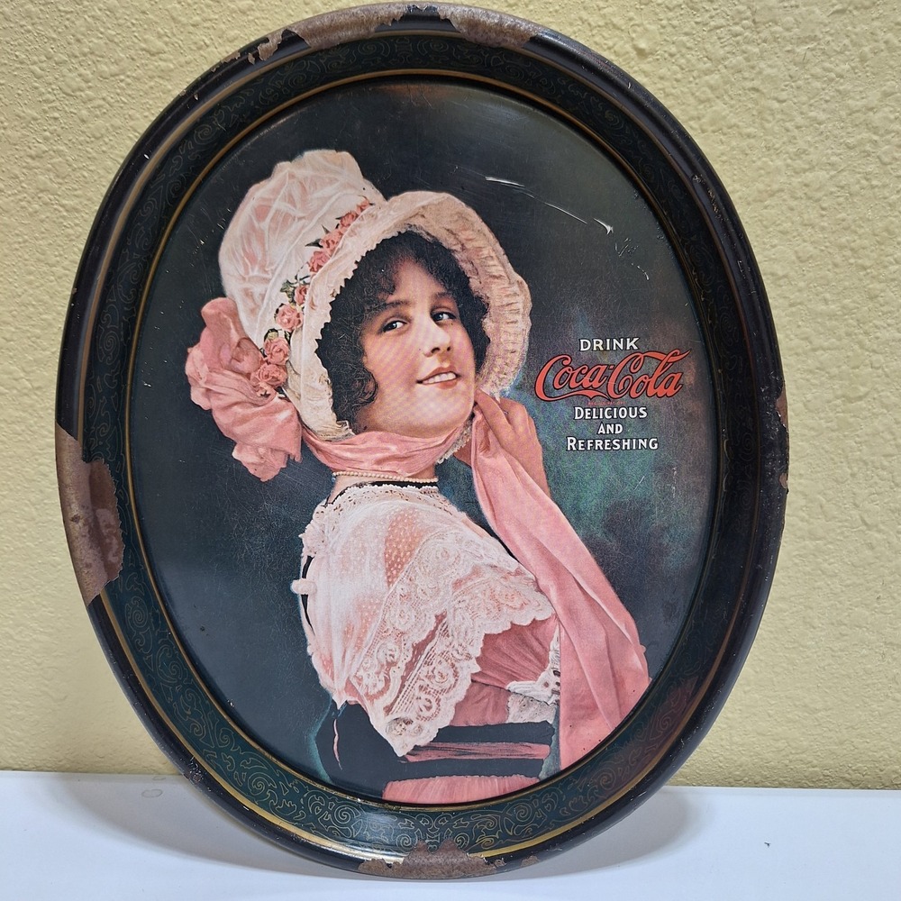 Vintage Coca Cola Oval Metal Serving Tray Victorian Lady Coke Advertising 15"